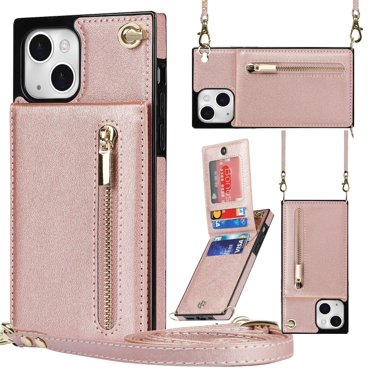 

Cross-body Zipper Square Phone Case with Holder For iPhone 13 mini(Rose Gold)