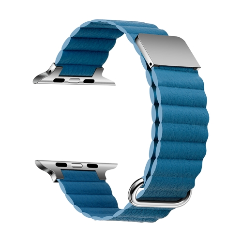 

Magnetic Leather Strap Watchband For Apple Watch Series 7 45mm / 6&SE&5&4 44mm / 3&2&1 42mm(Silver Buckle Cape Blue)