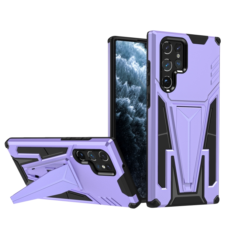 

For Samsung Galaxy S22 Ultra 5G Super V Armor PC + TPU Shockproof Phone Case with Invisible Holder(Purple)