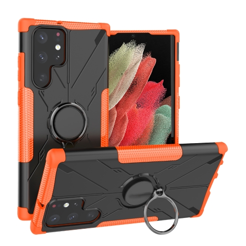 

For Samsung Galaxy S22 Ultra 5G Armor Bear Shockproof PC + TPU Phone Case with Ring Holder(Orange)