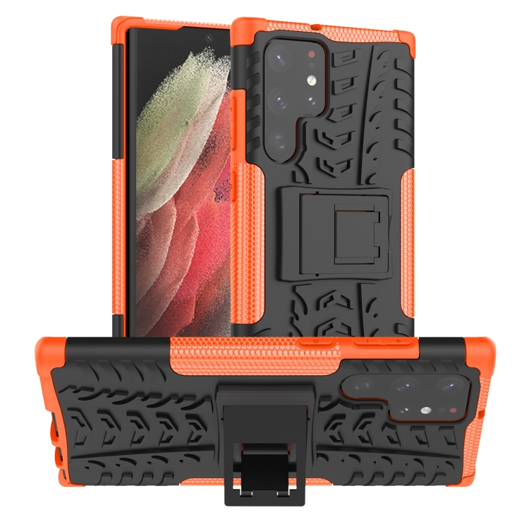 

For Samsung Galaxy S22 Ultra 5G Tire Texture TPU + PC Phone Case with Holder(Orange)