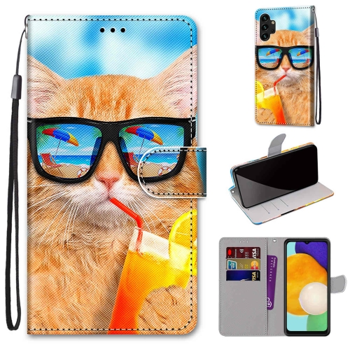 

For Samsung Galaxy A13 4G Coloured Drawing Cross Texture Horizontal Flip Leather Phone Case with Holder & Card Slots & Wallet & Lanyard(Cat Drinking Soda)