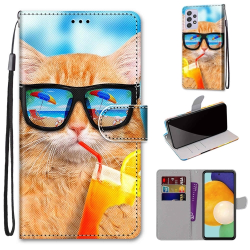 

For Samsung Galaxy A33 5G Coloured Drawing Cross Texture Horizontal Flip Leather Phone Case with Holder & Card Slots & Wallet & Lanyard(Cat Drinking Soda)
