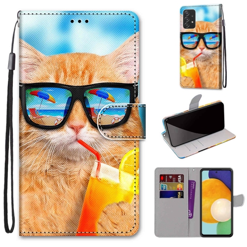 

For Samsung Galaxy A53 5G Coloured Drawing Cross Texture Horizontal Flip Leather Phone Case with Holder & Card Slots & Wallet & Lanyard(Cat Drinking Soda)