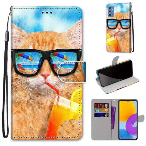

For Samsung Galaxy M52 5G Coloured Drawing Cross Texture Horizontal Flip Leather Phone Case with Holder & Card Slots & Wallet & Lanyard(Cat Drinking Soda)