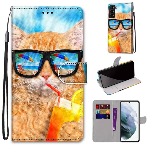 

For Samsung Galaxy S22+ 5G Coloured Drawing Cross Texture Horizontal Flip Leather Phone Case with Holder & Card Slots & Wallet & Lanyard(Cat Drinking Soda)