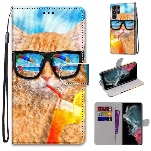 

For Samsung Galaxy S22 Ultra 5G Coloured Drawing Cross Texture Horizontal Flip Leather Phone Case with Holder & Card Slots & Wallet & Lanyard(Cat Drinking Soda)
