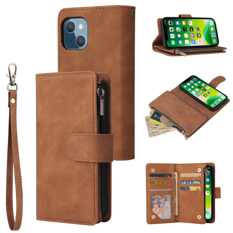 

For iPhone 13 mini Multifunctional Phone Leather Case with Card Slot & Holder & Zipper Wallet & Photo Frame (Brown)