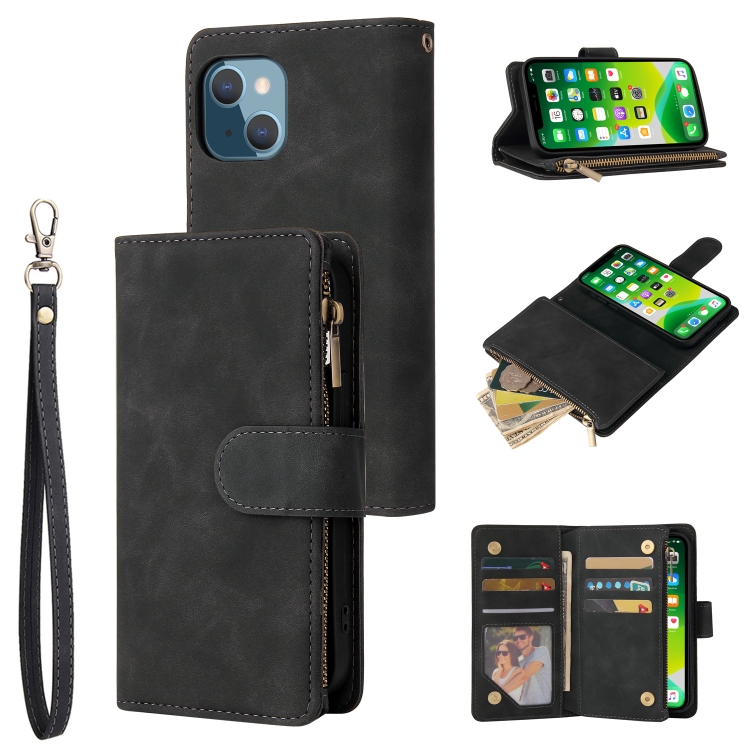 

Multifunctional Phone Leather Case with Card Slot & Holder & Zipper Wallet & Photo Frame For iPhone 13(Black)
