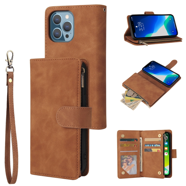 

Multifunctional Phone Leather Case with Card Slot & Holder & Zipper Wallet & Photo Frame For iPhone 13 Pro Max(Brown)