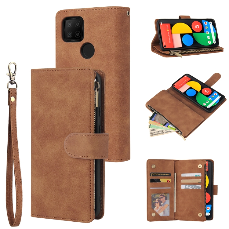 

For Google Pixel 5a 5G Multifunctional Phone Leather Case with Card Slot & Holder & Zipper Wallet & Photo Frame(Brown)