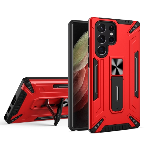 

For Samsung Galaxy S22 Ultra 5G War-god Armor TPU + PC Shockproof Magnetic Phone Case with Folding Holder(Red)