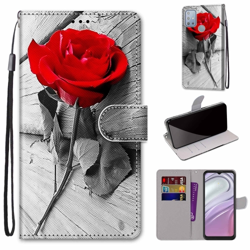

For Motorola Moto G10 / G20 / G30 Coloured Drawing Cross Texture Horizontal Flip PU Phone Leather Case with Holder & Card Slots & Wallet & Lanyard(Colorful Layer(Red Rose On Wooden)