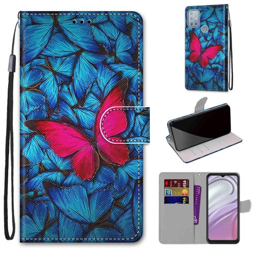 

For Motorola Moto G10 / G20 / G30 Coloured Drawing Cross Texture Horizontal Flip PU Phone Leather Case with Holder & Card Slots & Wallet & Lanyard(Colorful Layer(Big Red Butterfly On Blue)