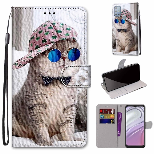 

For Motorola Moto G10 / G20 / G30 Coloured Drawing Cross Texture Horizontal Flip PU Phone Leather Case with Holder & Card Slots & Wallet & Lanyard(Colorful Layer(Oblique Hat Blue Mirror Cat)