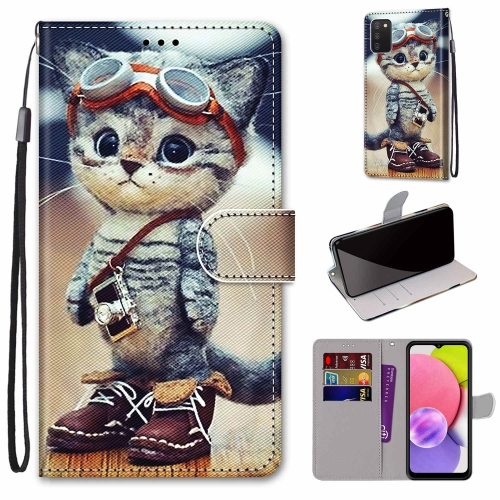 

For Samsung Galaxy A03s 166mm Version Coloured Drawing Cross Texture Horizontal Flip PU Phone Leather Case with Holder & Card Slots & Wallet & Lanyard(Colorful Layer(Leather Shoes Cat)