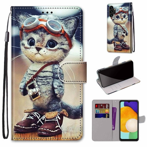 

For Samsung Galaxy A13 4G Coloured Drawing Cross Texture Horizontal Flip PU Phone Leather Case with Holder & Card Slots & Wallet & Lanyard(Colorful Layer(Leather Shoes Cat)