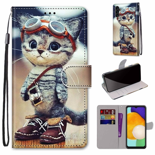 

For Samsung Galaxy A13 5G Coloured Drawing Cross Texture Horizontal Flip PU Phone Leather Case with Holder & Card Slots & Wallet & Lanyard(Colorful Layer(Leather Shoes Cat)