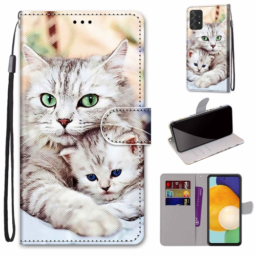 

For Samsung Galaxy A53 5G Global Coloured Drawing Cross Texture Horizontal Flip PU Phone Leather Case with Holder & Card Slots & Wallet & Lanyard(Colorful Layer(Big Cat Hugging Kitten)