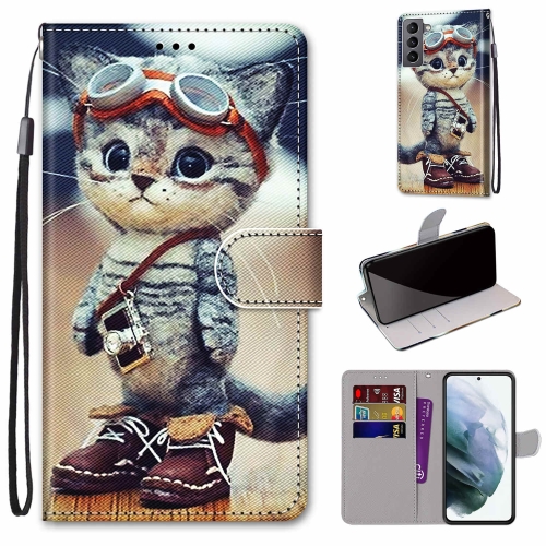 

For Samsung Galaxy S22 5G Coloured Drawing Cross Texture Horizontal Flip PU Phone Leather Case with Holder & Card Slots & Wallet & Lanyard(Colorful Layer(Leather Shoes Cat)