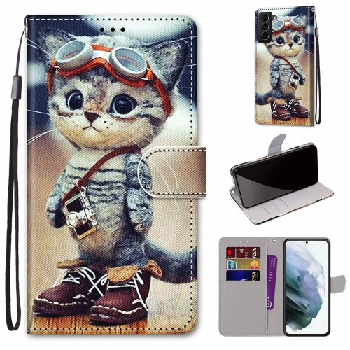 

For Samsung Galaxy S22+ 5G Coloured Drawing Cross Texture Horizontal Flip PU Phone Leather Case with Holder & Card Slots & Wallet & Lanyard(Colorful Layer(Leather Shoes Cat)