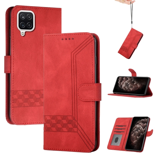 

For Samsung Galaxy A12 Cubic Skin Feel Flip Leather Phone Case(Red)