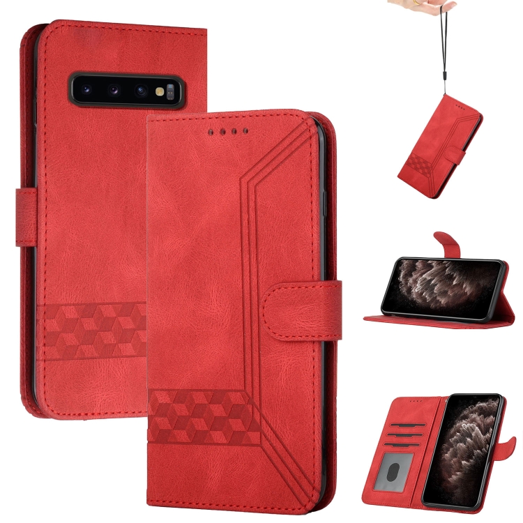 

For Samsung Galaxy S10+ Cubic Skin Feel Flip Leather Phone Case(Red)