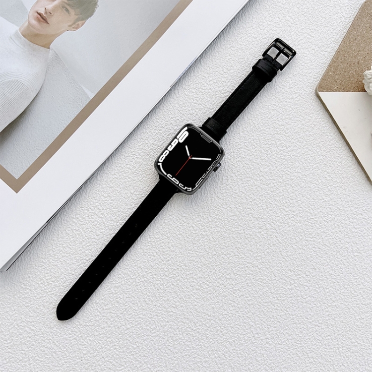 

Leather Watchband For Apple Watch Series 7 45mm / 6&SE&5&4 44mm / 3&2&1 42mm(Black)