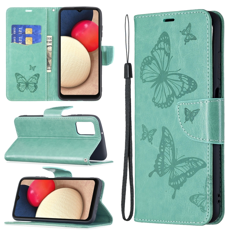 

For Samsung Galaxy A03s 166mm Embossing Two Butterflies Leather Phone Case(Green)