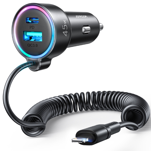 

JOYROOM JR-CL08 3 in 1 45W PD USB-C / Type-C + USB Interface Car Charger with 8 Pin Spring Data Cable(Black)