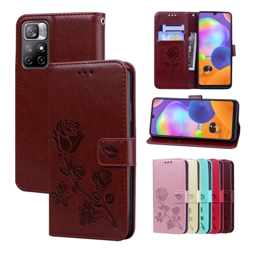 

For Xiaomi Redmi Note 11T 5G / Poco M4 Pro 5G Rose Embossed Leather Phone Case(Brown)