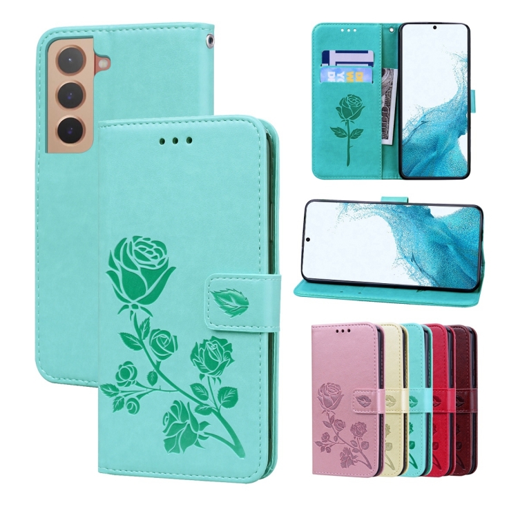 

For Samsung Galaxy S22+ 5G Rose Embossed Leather Phone Case(Green)