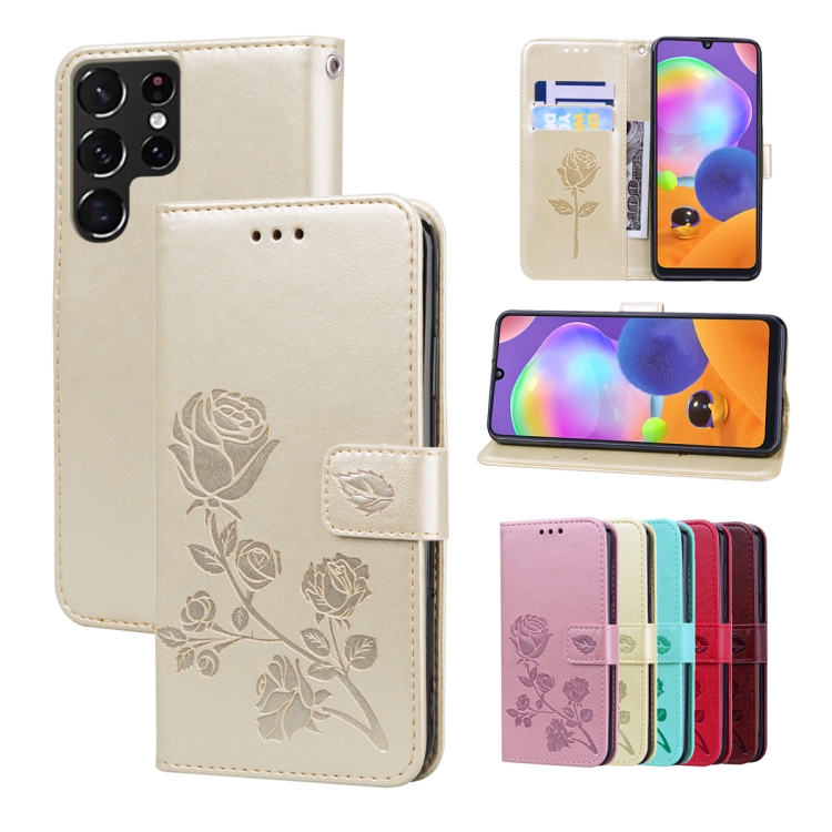 

For Samsung Galaxy S22 Ultra 5G Rose Embossed Leather Phone Case(Gold)