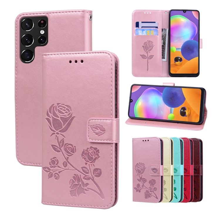 

For Samsung Galaxy S22 Ultra 5G Rose Embossed Leather Phone Case(Rose Gold)