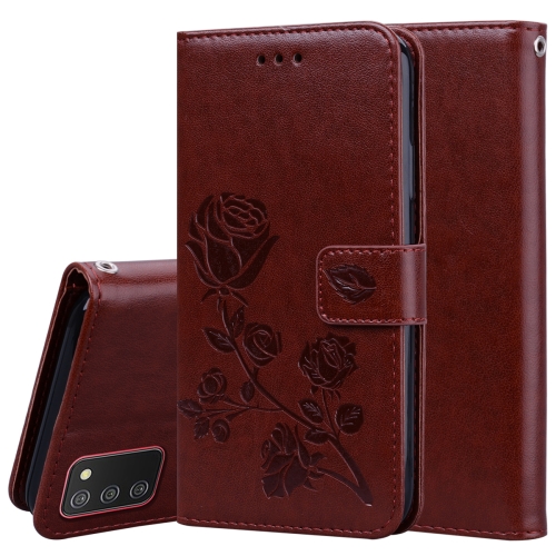 

For Samsung Galaxy A02s Rose Embossed Leather Phone Case(Brown)