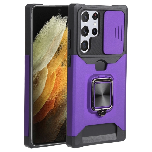 

For Samsung Galaxy S22 Ultra 5G Sliding Camera Cover Design PC + TPU Shockproof Phone Case with Ring Holder & Card Slot(Purple)