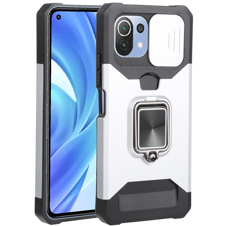

For Xiaomi Mi 11 Lite Sliding Camera Cover Design PC + TPU Shockproof Phone Case with Ring Holder & Card Slot(Silver)