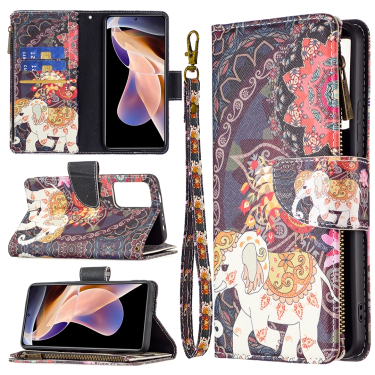 

For Xiaomi Redmi Note 11 Pro / 11 Pro+ Colored Drawing Pattern Zipper Leather Phone Case(Flower Elephants)