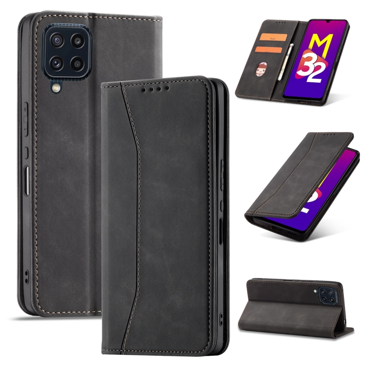 

For Samsung Galaxy M32 4G Magnetic Dual-fold Leather Phone Case(Black)