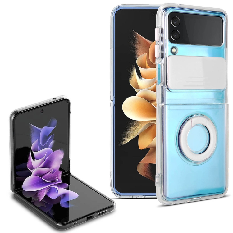 

For Samsung Galaxy Z Flip3 5G Sliding Camera Design TPU Phone Case with Ring Holder(White)