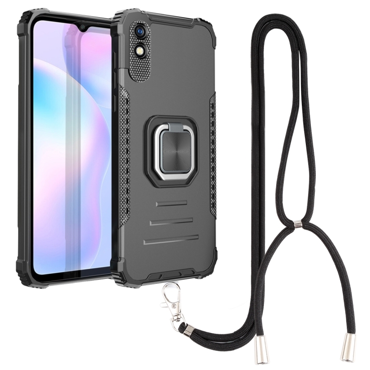 

For Xiaomi Redmi 9A Aluminum Alloy + TPU Phone Case with Lanyard(Black)