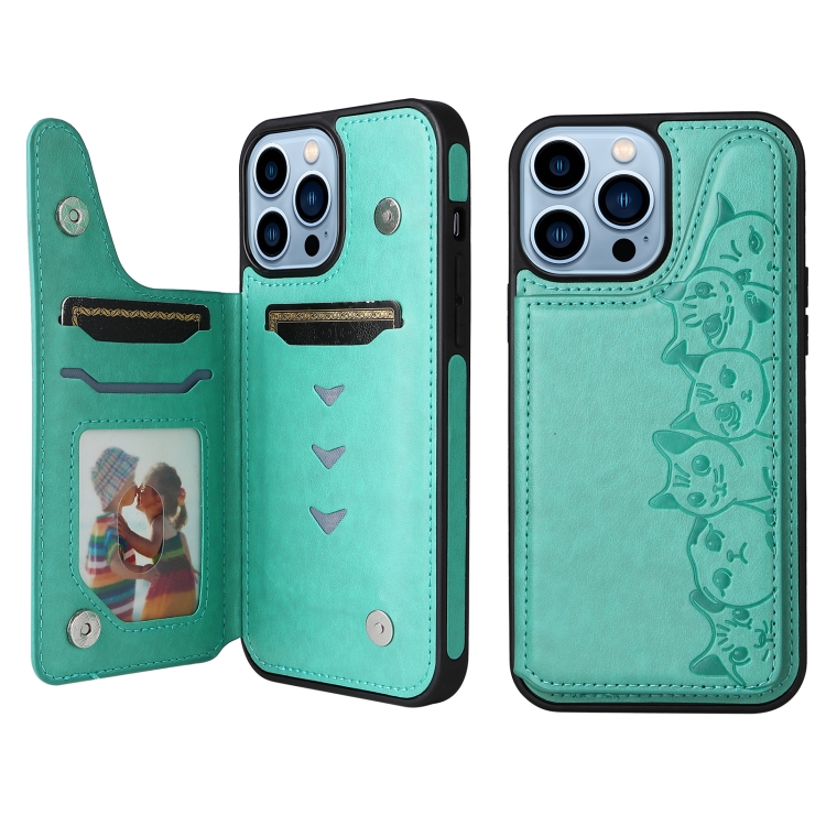 

Six Cats Embossing Pattern Shockproof Phone Case For iPhone 13 Pro Max(Green)