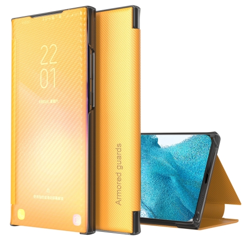 

For Samsung Galaxy S22 5G Carbon Fiber View Time Leather Phone Case(Yellow)