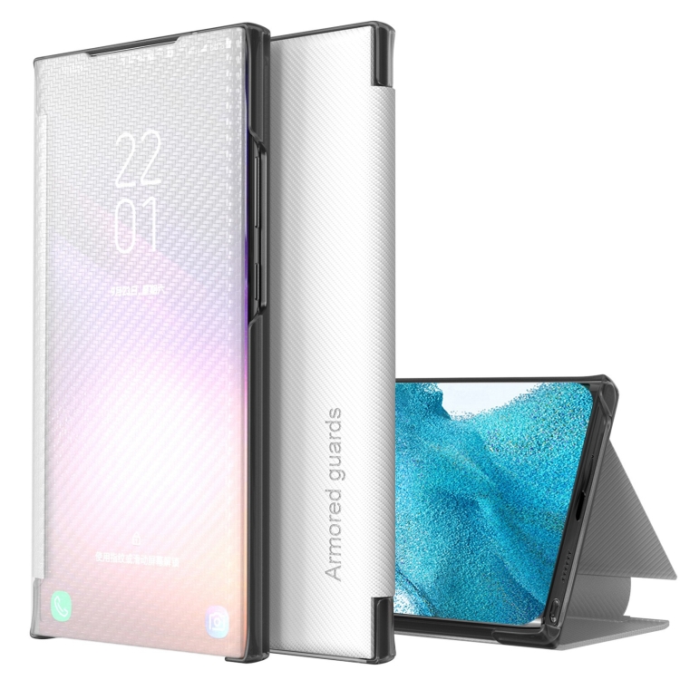

For Samsung Galaxy S22+ 5G Carbon Fiber View Time Leather Phone Case(White)
