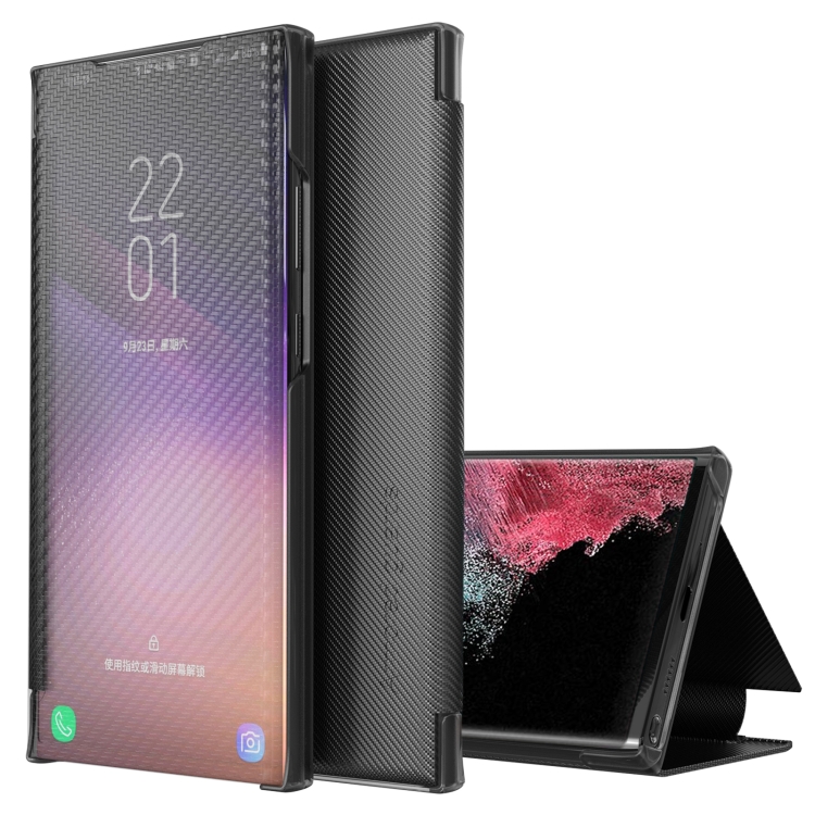 

For Samsung Galaxy S22 Ultra 5G Carbon Fiber View Time Leather Phone Case(Black)