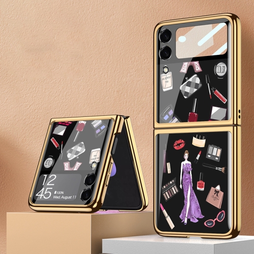 

For Samsung Galaxy Z Flip3 5G GKK Floral Pattern Electroplating Tempered Glass Phone Case(Black Modern Girl)