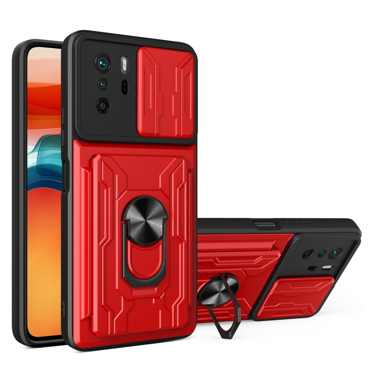 

For Xiaomi Redmi Note 10 Pro Camera Cover Phone Case with Card Slot & Holder(Red)