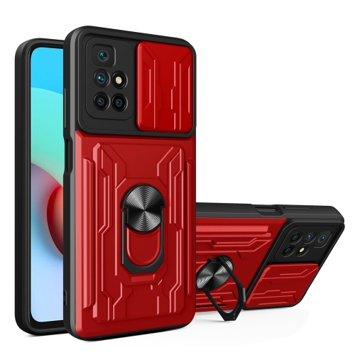 

For Xiaomi Redmi 10 Camera Cover Phone Case with Card Slot & Holder(Red)