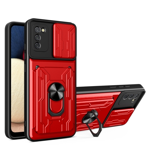 

For Samsung Galaxy A02s EU Version Camera Cover Phone Case with Card Slot & Holder(Red)