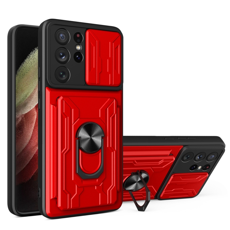 

For Samsung Galaxy S21 Ultra 5G Camera Cover Phone Case with Card Slot & Holder(Red)
